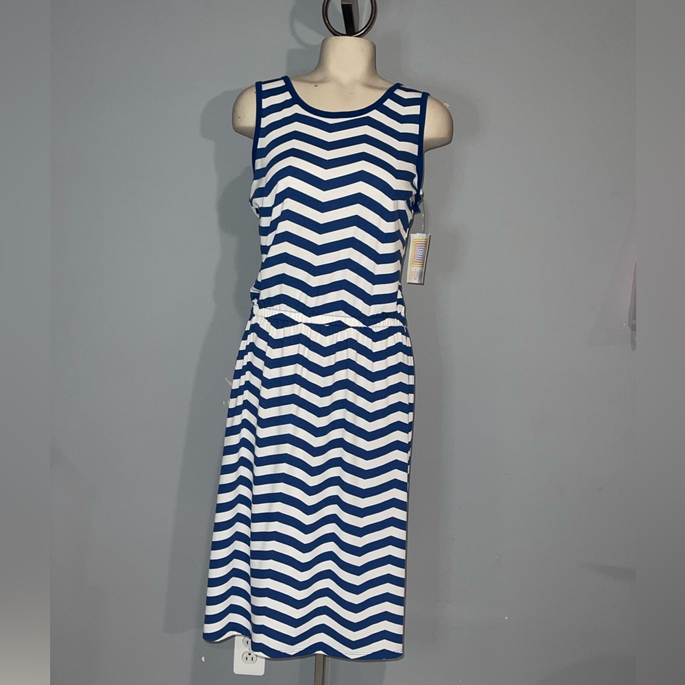 LulaRoe white blue chevron sleeveless sun summer nautical dress Medium NWT